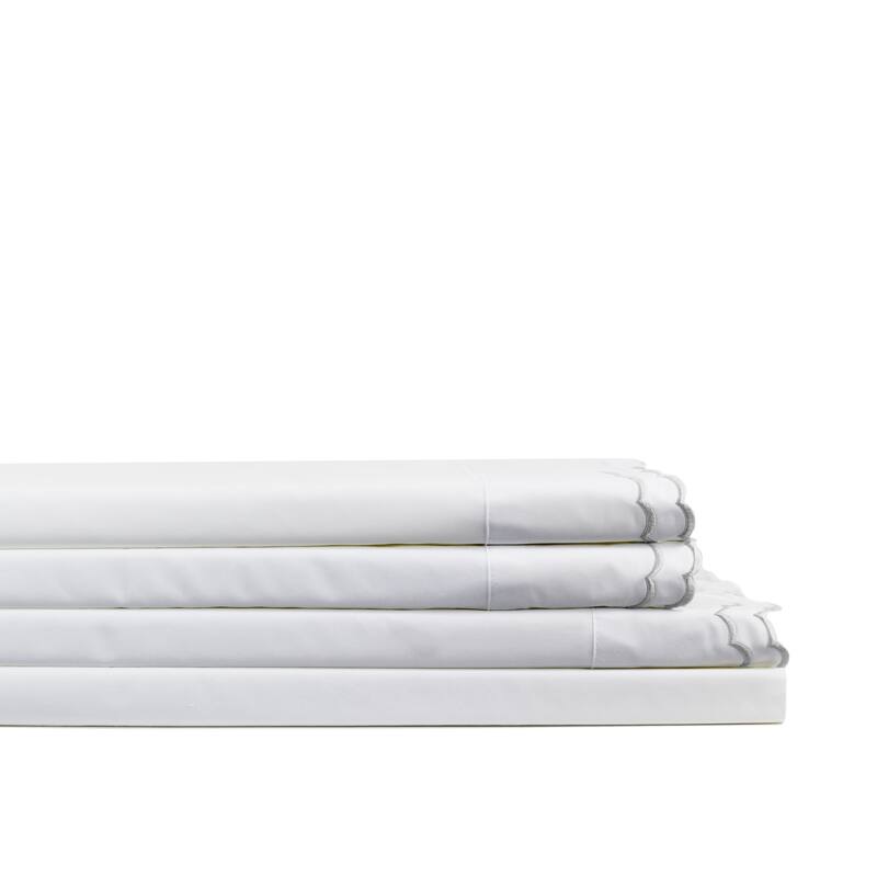 Percale Cotton Double Scalloped Embroidered Crisp Sheet Set