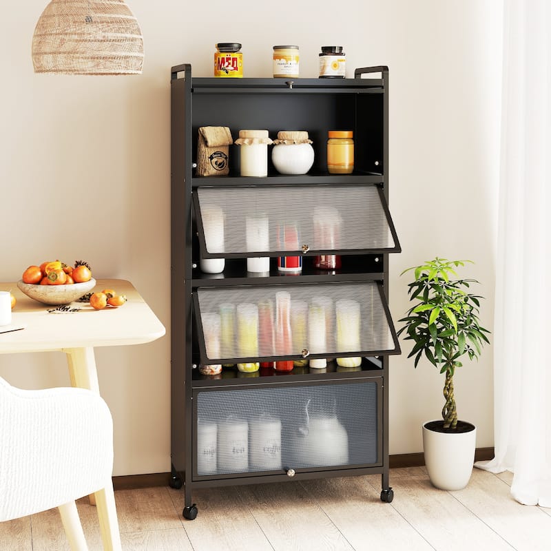 Metal Pantry Storage Cabinet with Flip Doors, Shelves and Casters - 28" x 13" x 62"