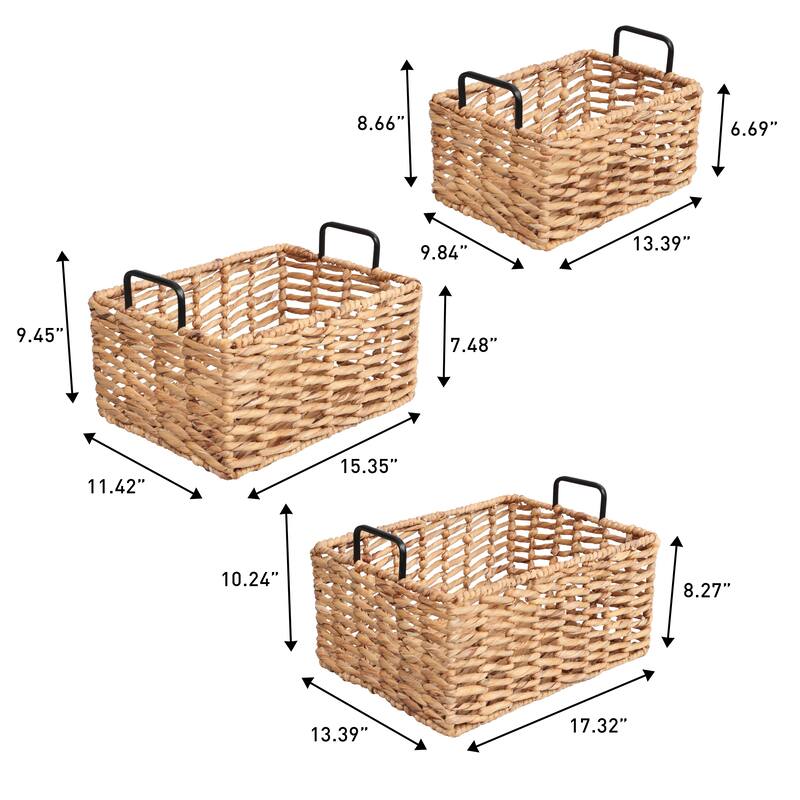 Savoy Handwoven Water Hyacinth Nesting Storage Baskets, Metal Handles (Set of 3)