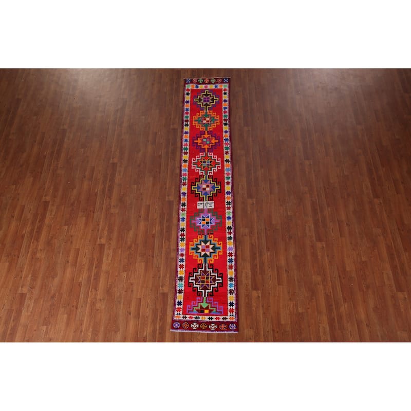 Tribal Anatolian Turkish Vintage Runner Rug Handmade Red Silk Carpet - 1'11"x 10'6"