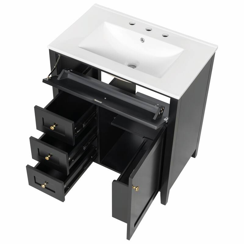 Bathroom Vanity with Sink, Modern MDF and Rubberwood Cabinet with 3 Drawers and Adjustable Shelf