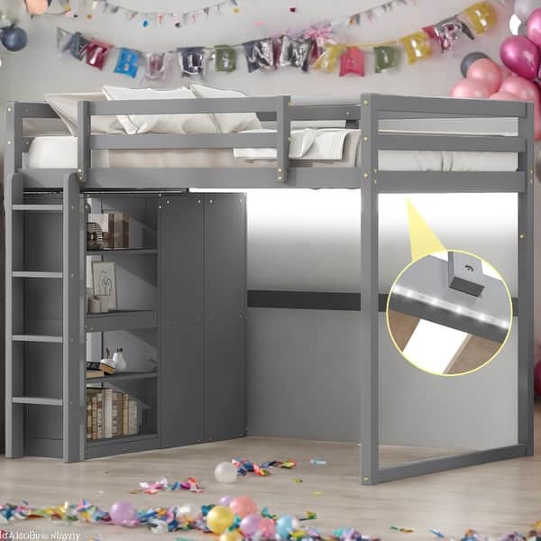 slide 2 of 12, Wood Full Size Loft Bed with Built-in Wardrobe, Storage Shelves, and LED Light Grey