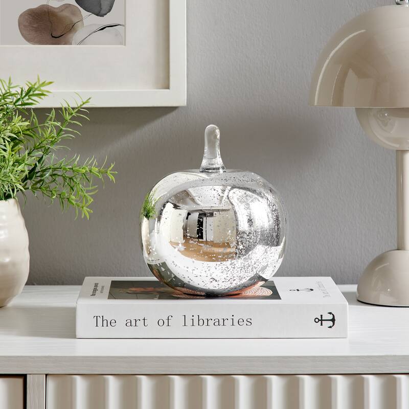 Textured Apple Glass Sculpture Figure - 6" - Silver and Clear