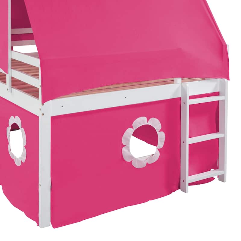 Playhouse Low Loft Bed with Slide, Pink Tent and Tower, Solid Pinewood Floor Bunk Bed Frame, Wooden Slats Support