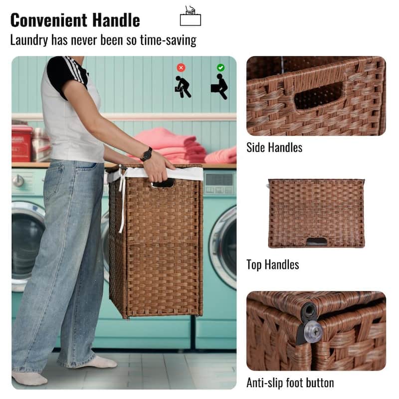 100L 24in.H Laundry Hamper With Lid PE Rattan with 2 Removable Bags