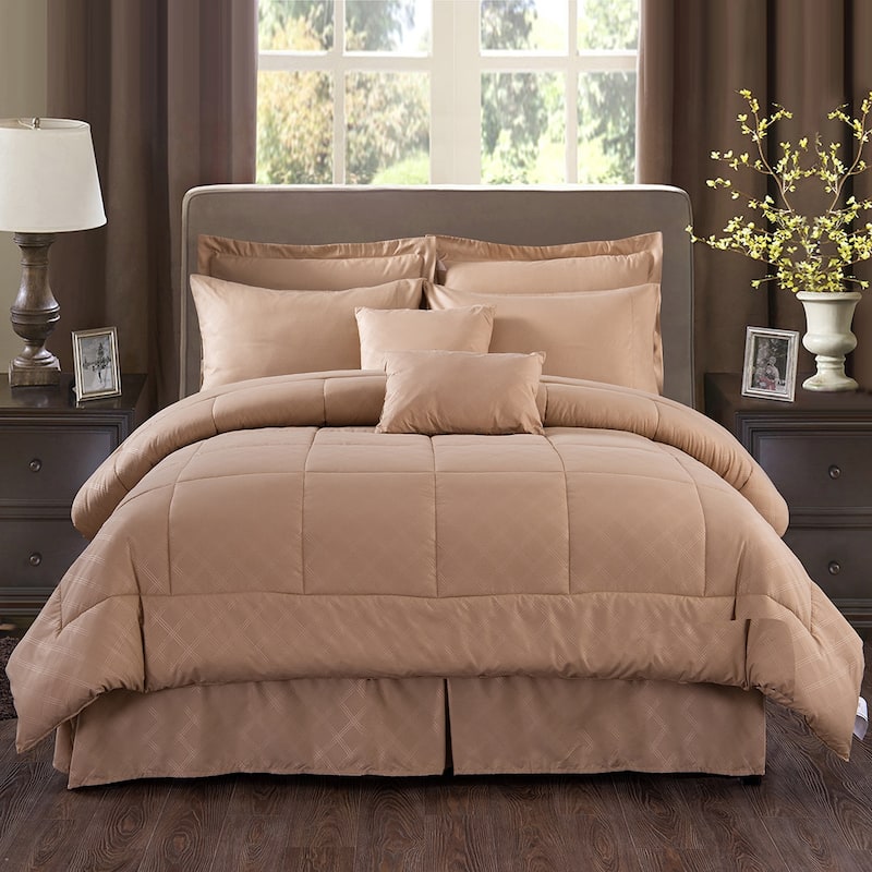 10-piece Solid Plaid Comforter Set - Taupe - Queen
