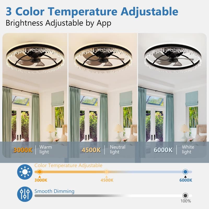 16" Black Modern LED Ceiling Fan Light with Remote & Crystal Design