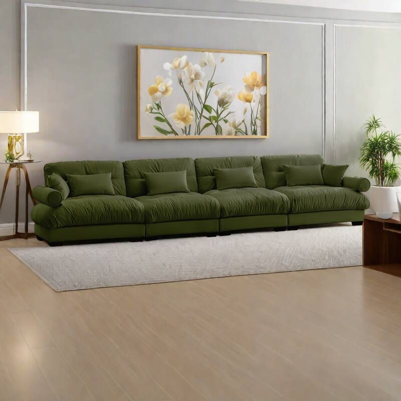166" Velvet 4-Seater Sofa with Bolster Armrests, High-Resilience Sponge Cushions - Olive Green