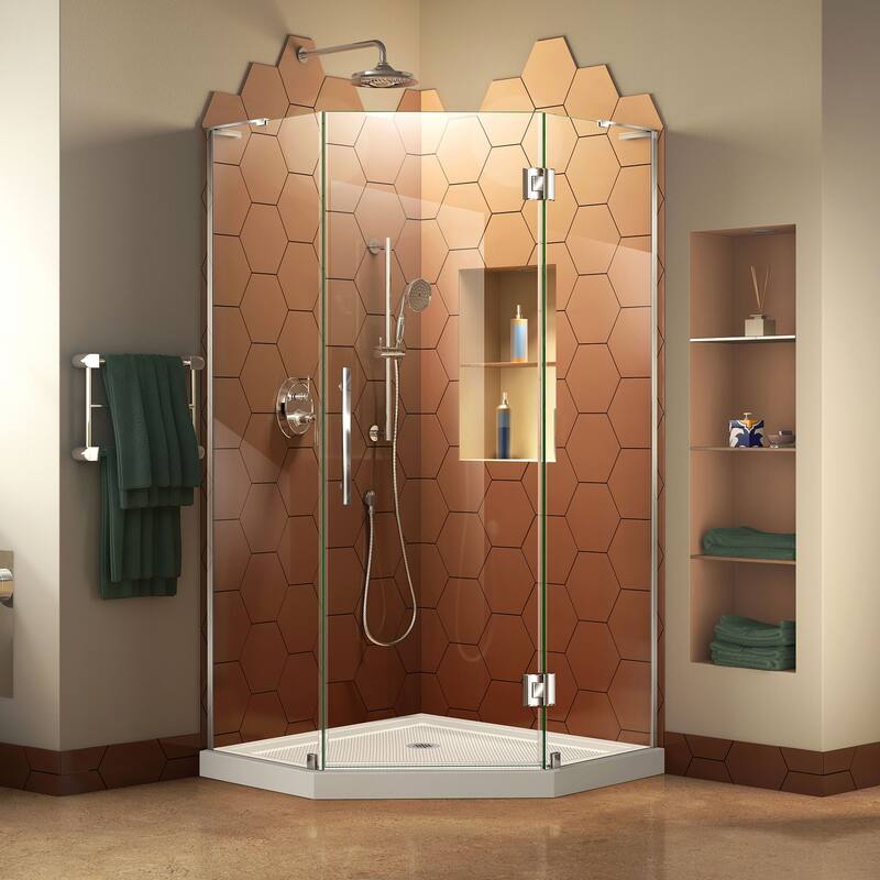 DreamLine Prism Plus 36 in. x 36 in. x 74 3/4 in. Hinged Shower Enclosure and Shower Base Kit - 36" x 36" - Biscuit Base Chrome Finish