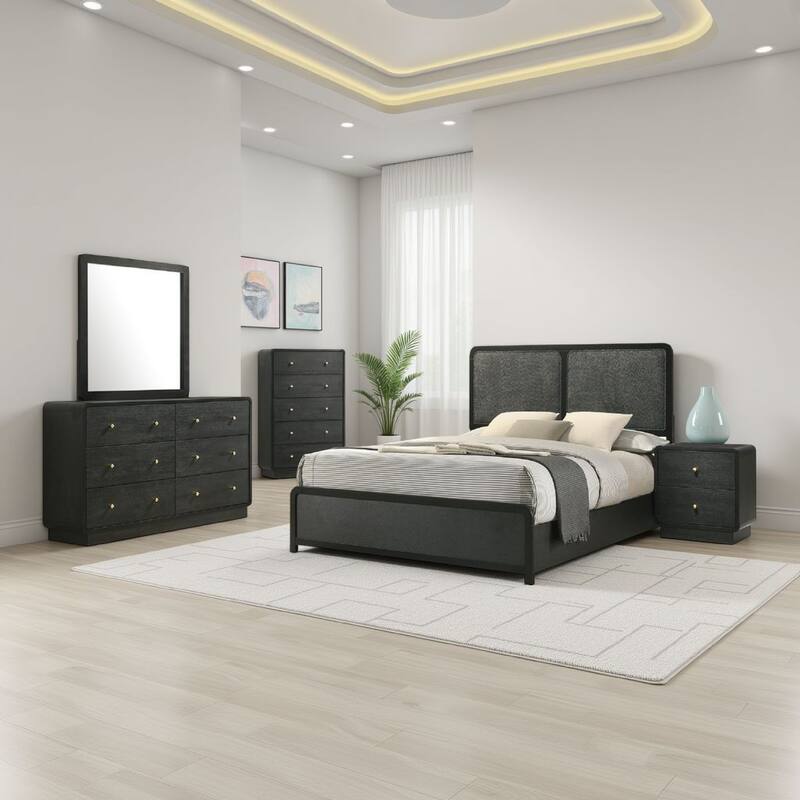Cavy 5pc Queen Bedroom Set, Charcoal Gray Upholstery, Gold