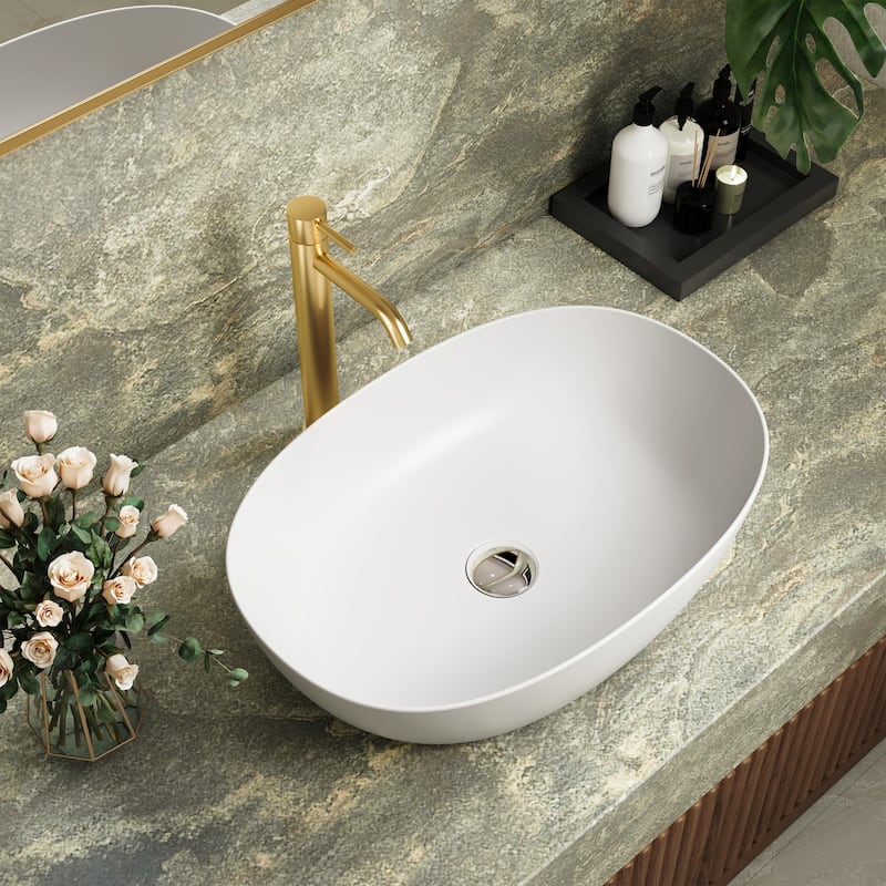Solid Surface Vessel Bathroom Sink with Pop-Up Drain and Drain Hose, Modern Above Counter Wash Basin with Center Drain