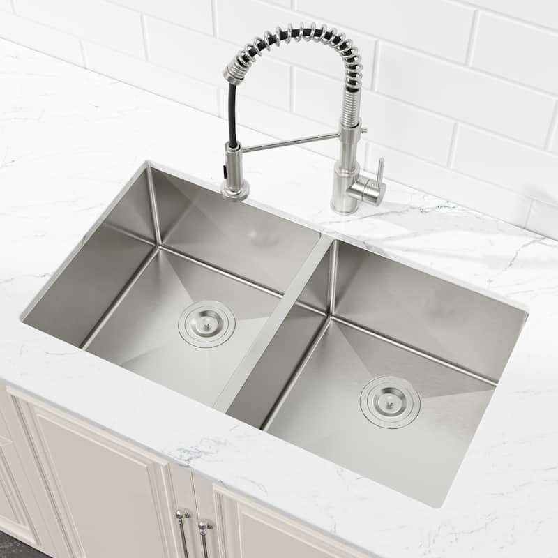 Embedded Double Bowl Kitchen Sink, Undermount Handmade Sink in Brushed (Sink only)