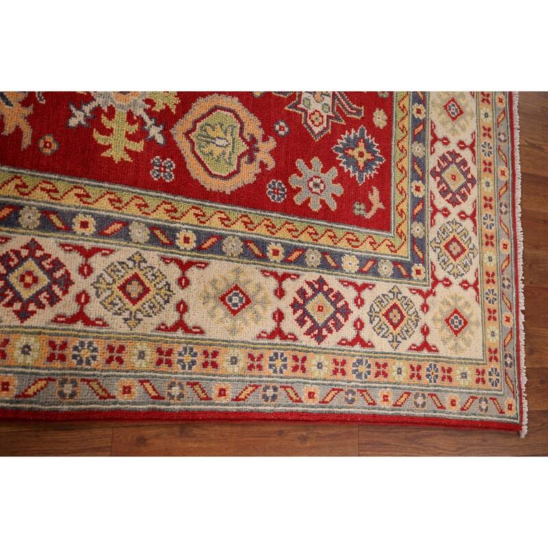 Red Geometric Kazak Area Rug Handmade Traditional Oriental Wool Carpet - 4'10" x 6'8"