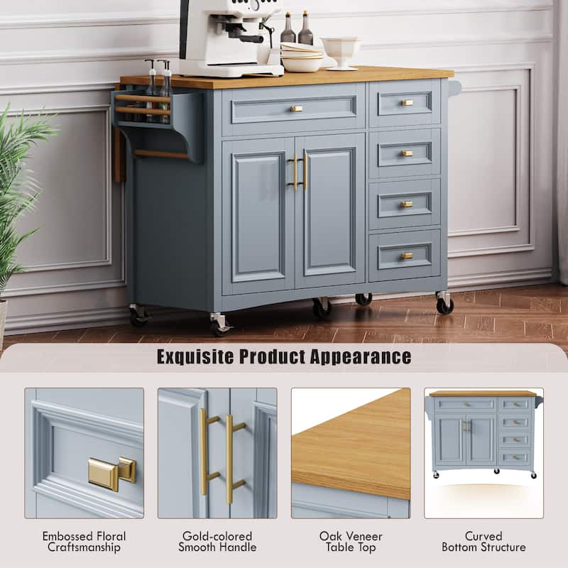 52'' Kitchen Island with Drop Leaf, Embossed Texture Kitchen Island on Wheels with Spice Rack, Towel Rack, 2 Doors and 5 Drawers