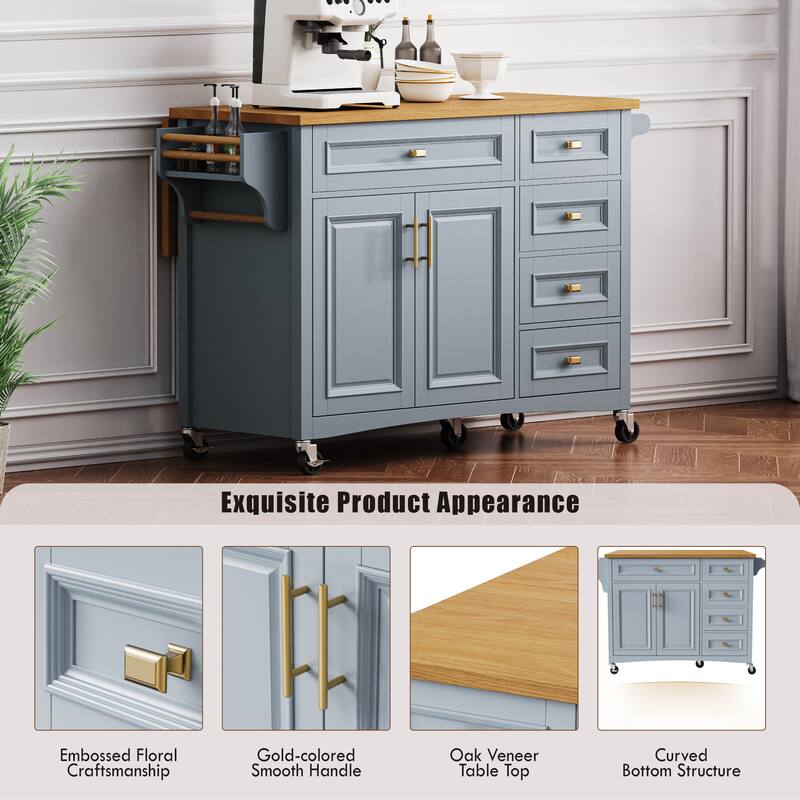 Kitchen Island on Wheels with Drop Leaf, Towel Rack, 2 Doors and 5 Drawers