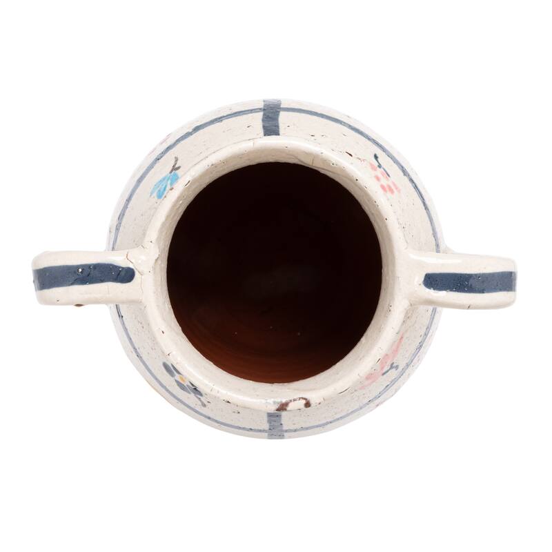 Hand-Painted Terra-cotta Urn with Flowers and Grid Pattern in Crackle Glaze