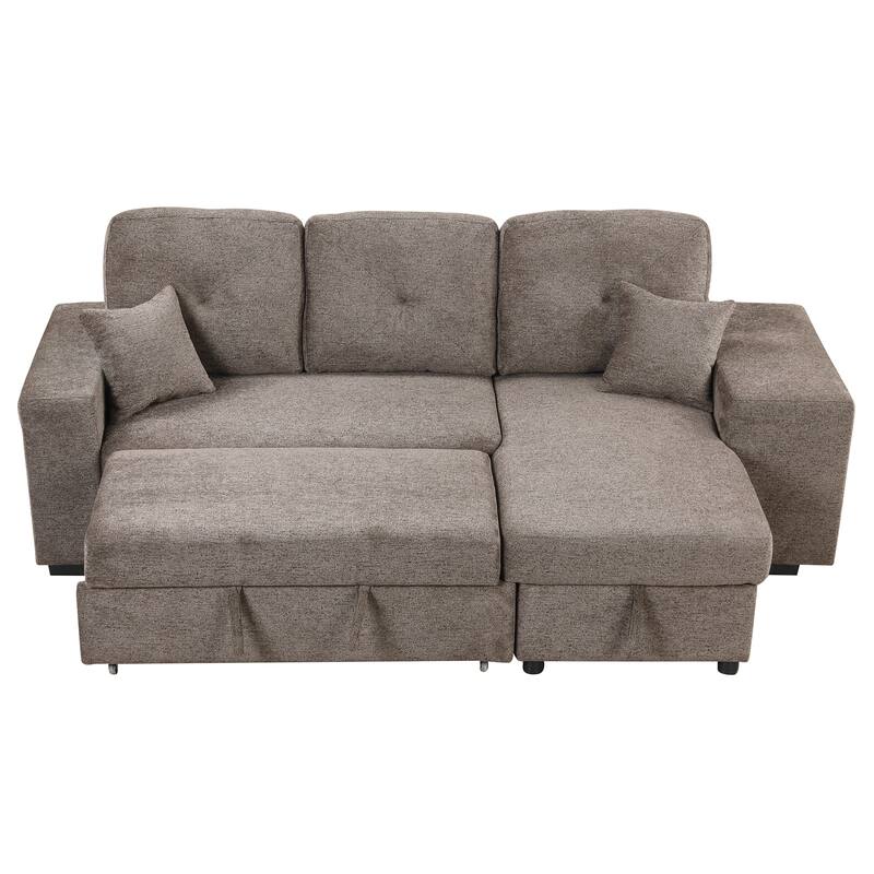 Reversible Sleeper Sectional Sofa Bed with Side Shelf and 2 Stools,Pull-Out L-Shaped Sofa Bed