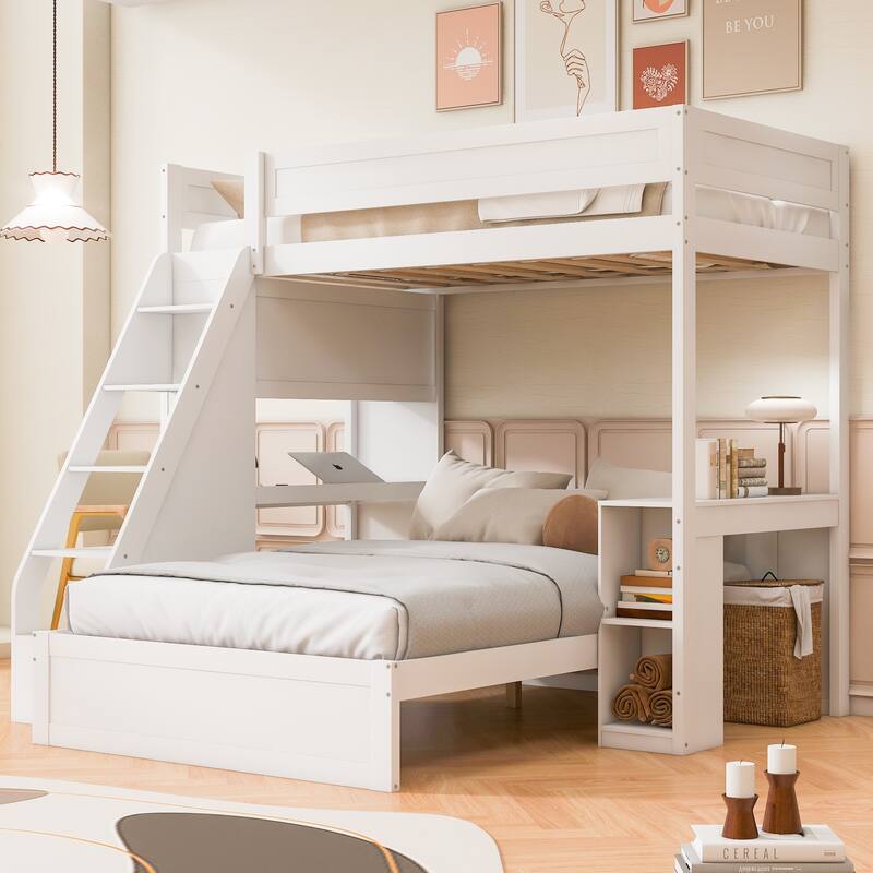 Roomfitters Twin XL Over Full Bunk Bed with Built-In Desk, USB Port and Shelves