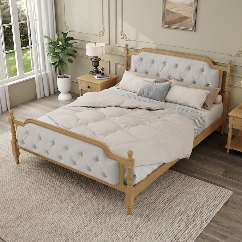 King Size Solid Wood Bed Frame with Tufted Upholstered Headboard, No Box Spring Needed, Walnut Finish