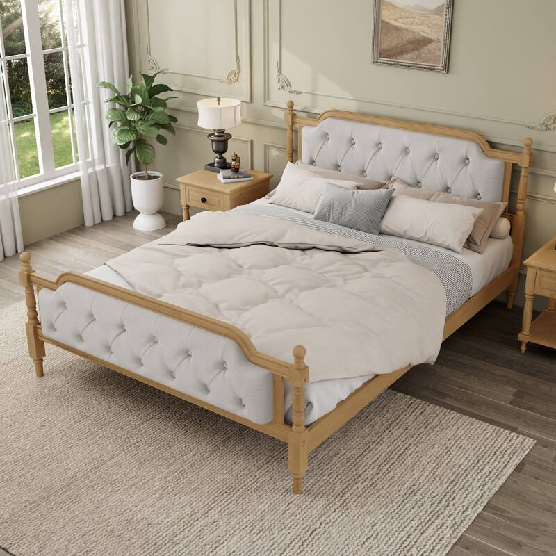 Queen Size Solid Wood Bed Frame with Tufted Upholstered Headboard, No Box Spring Needed, Antique Walnut Finish