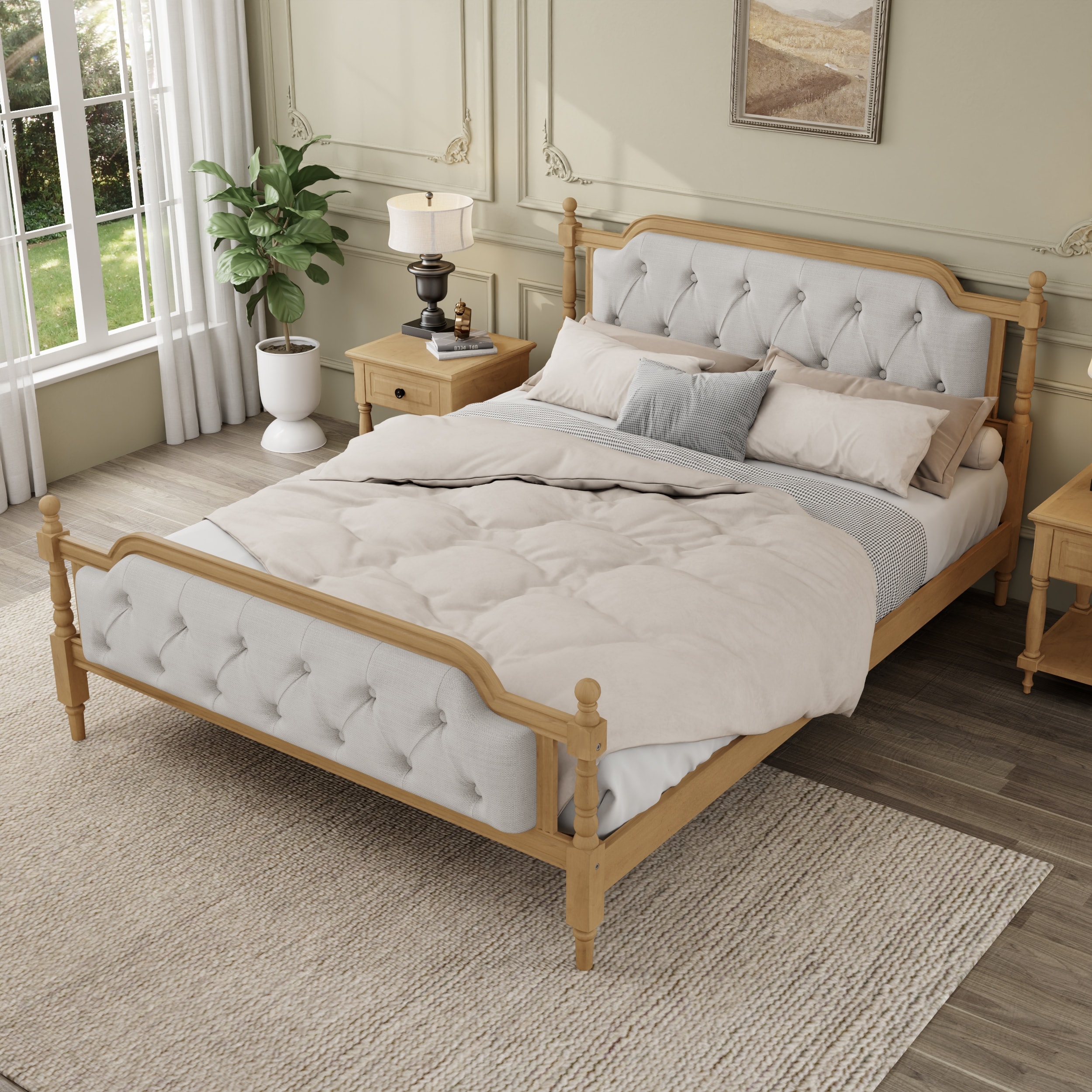 Traditional Style Solid Wood Bed Frame with Upholstered Tufted Headboard