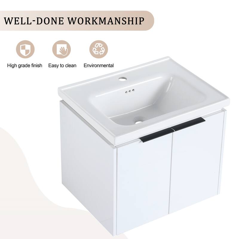 Wall Mounted Bathroom Vanity with Ceramic Basin, Soft Closing Doors, and Metal Handles for Modern Bathroom Storage