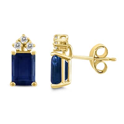 Marquee 14K Yellow Gold 6x4MM Emerald Shaped Sapphire and Diamond Earrings