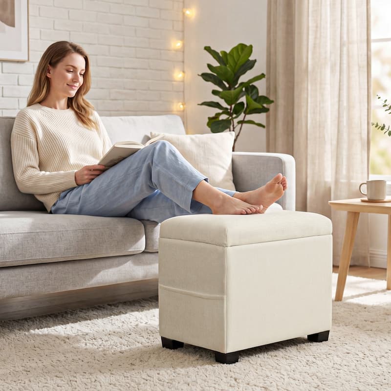 Adeco 16" W Upholstered Rectangle Storage Ottoman with Tray and Pocket