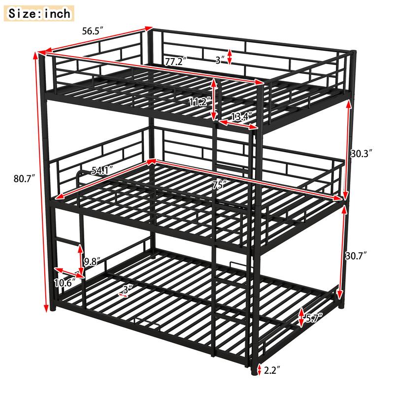 Metal Triple Bunk Bed Frame Sturdy Steel Slat Support