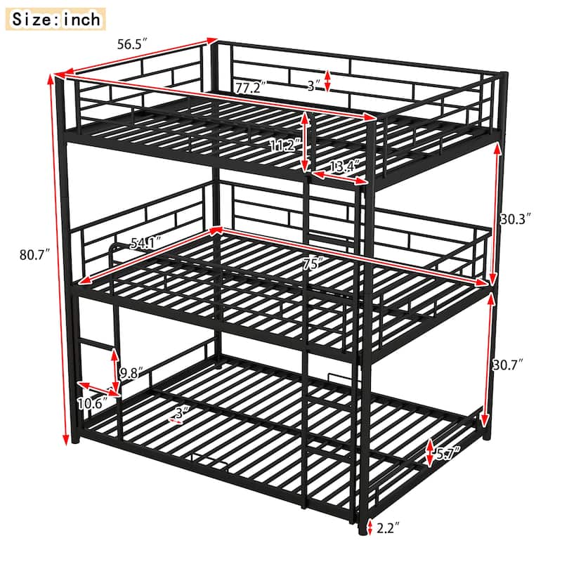Metal Triple Bunk Bed for 3 Kids, Convertible into Platform Bedframe
