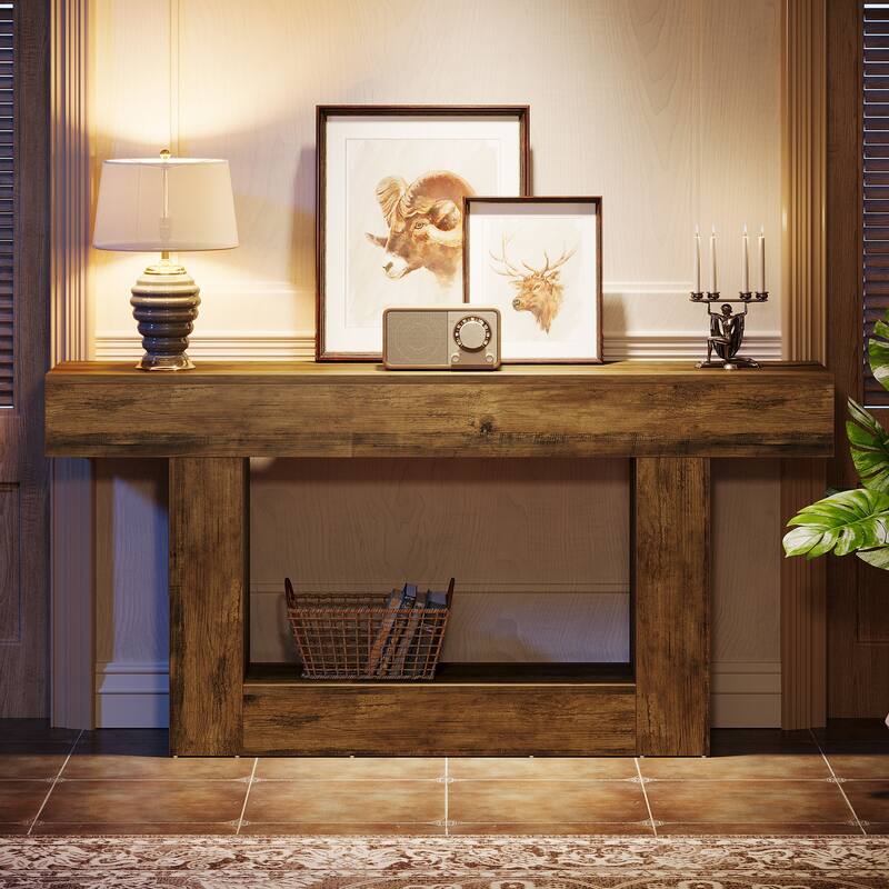 63" Console Table for Entryway, Farmhouse 2-Tier Wood Sofa Table Behind Couch