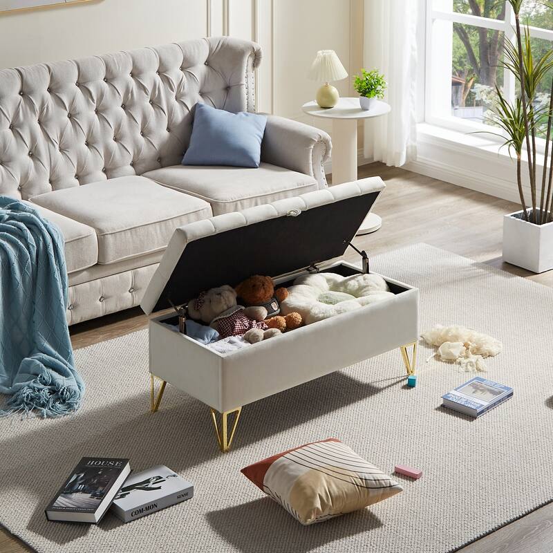 Rectangular Velvet Storage Ottoman - Sturdy Frame, Easy Leg Installation