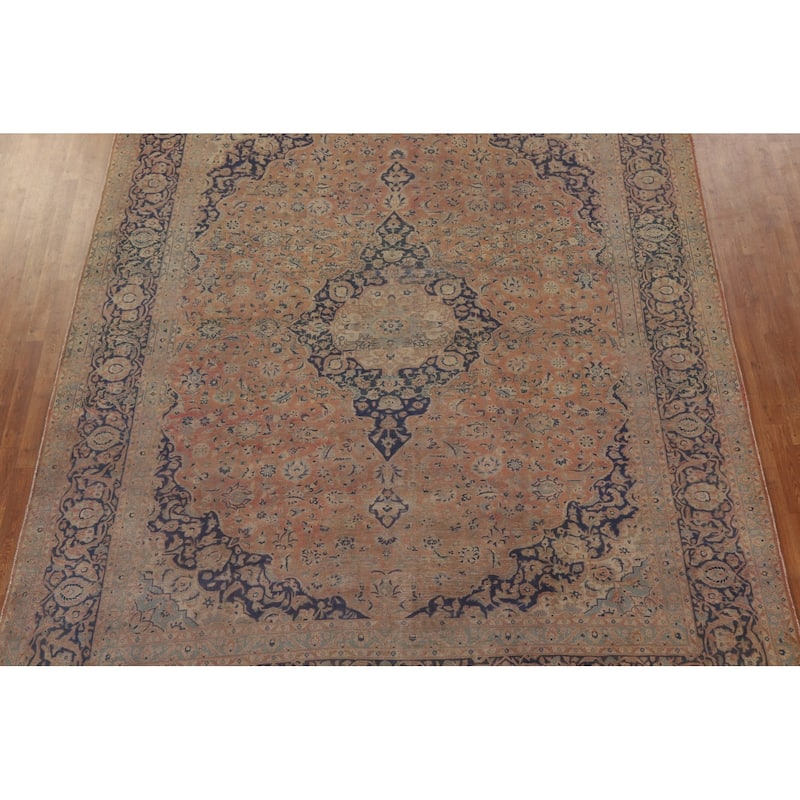 Distressed Kashan Persian Antique Area Rug Handmade Wool Carpet - 9'9" x 13'3"