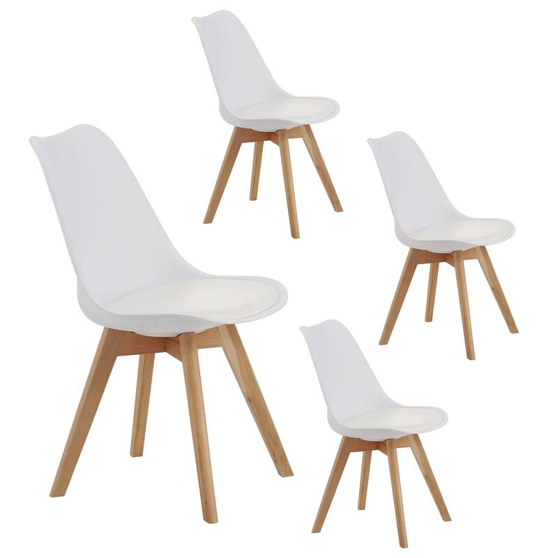 Modern Dining Chairs Set of 4, Armless Kitchen Chair with Solid Wood Legs, Plastic Side Chairs for Living Room/Dining Room - White