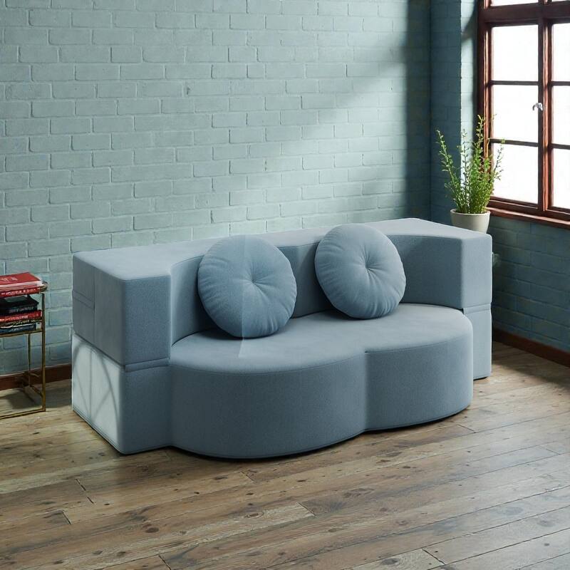 Convertible Floor Sofa Bed with 2 Pillows, Plush Corduroy Foam-Filled Folding Mattress, Full Size Sleeper, No Assembly Needed - Light Blue