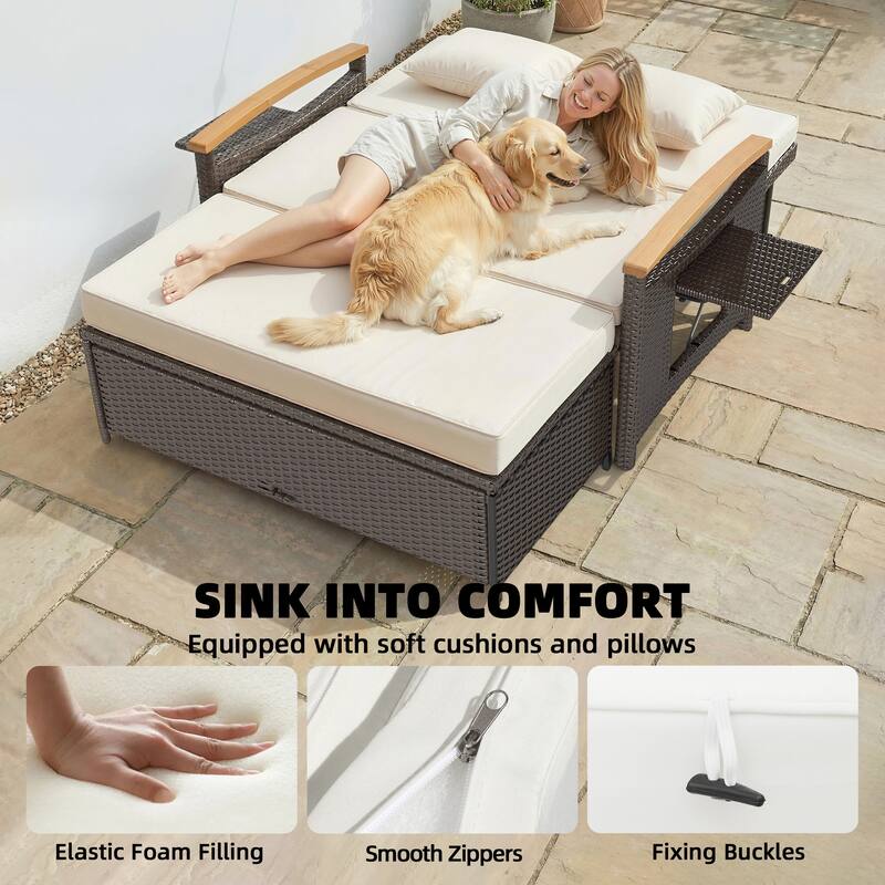 Outsunny Rattan Outdoor Daybed w/4-Level Adjustable Backrest, Patio Sofa Bed w/Loveseat, Storage Ottoman, Acacia Wood Armrest