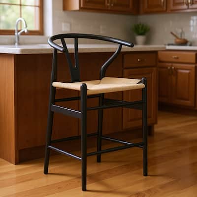 HomeRoots 27" Beige and Black Solid Wood Counter Height Bar Chair