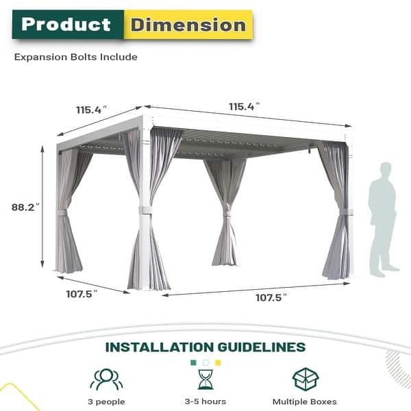 dimension image slide 20 of 30, EROMMY Outdoor Louvered Pergola Gazebo with Adjustable Aluminum Rainproof Roof