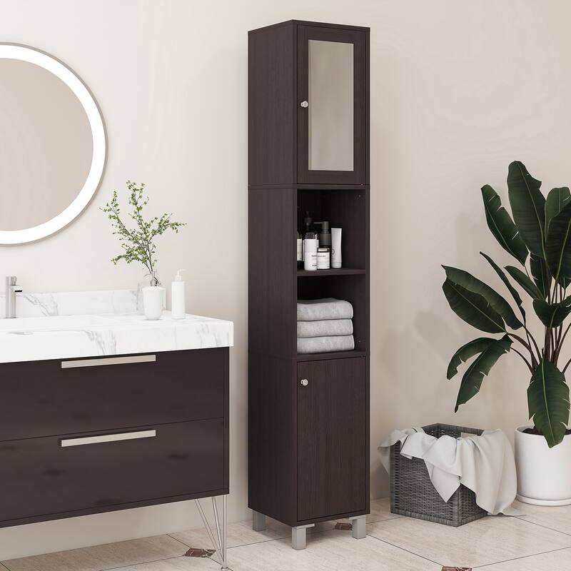 Kleankin Tall Bathroom Storage Cabinet With Mirror
