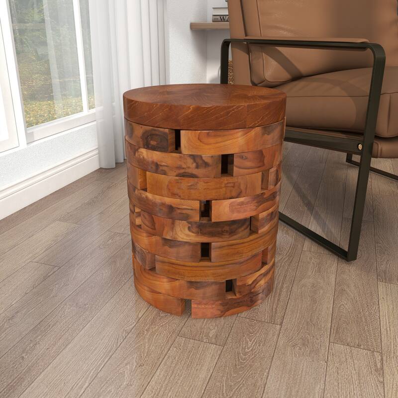 Teak Wood Handmade Live Edge Accent Table with Brick Inspired Design - Light Brown, Brown
