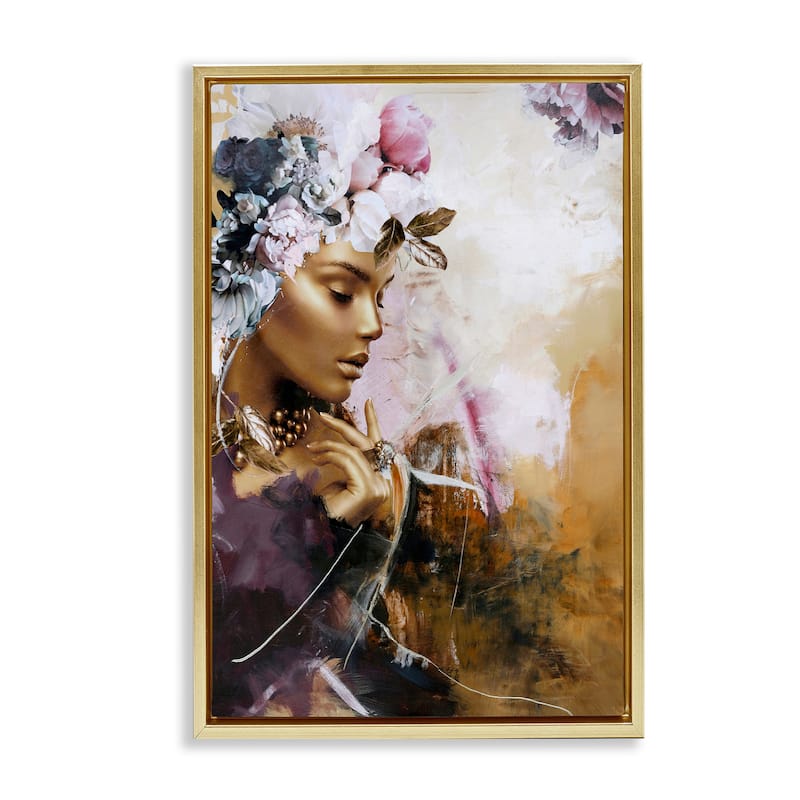 Stupell Elegant Woman & Florals Framed Floater Canvas Wall Art Design By Design Fabrikken - 17 x 25 - Gold
