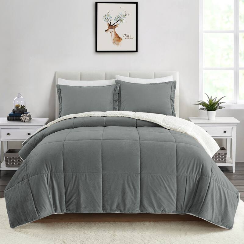 3 Piece Winter Reversible Comforter Set Faux Shearling Ultra Soft Minky Plush and Fuzzy Fleece Microfiber - Dark Gray - King