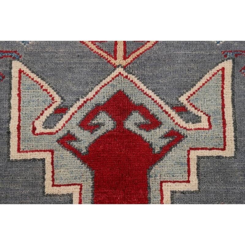 Gray Geometric Kazak Foyer Rug Hand-Knotted Traditional Wool Carpet - 3'4" x 4'9"
