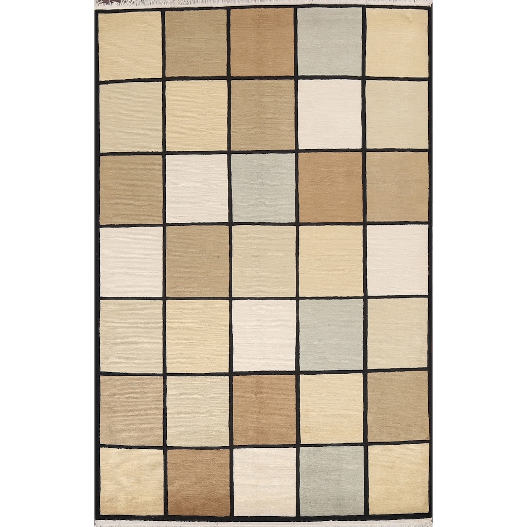 Checkered Nepalese Vegetable Dye Oriental Wool Area Rug Hand-knotted - 6'1" x 9'3"