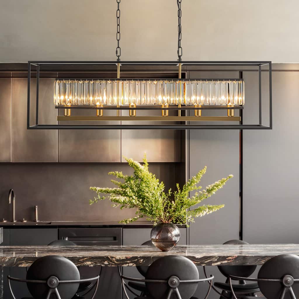 6-Light Modern Black & Gold Rectangular Crystal Large Chandelier for Dining Room Table - 39.37 in. W x 11.02 in. H x 11.81 in. D