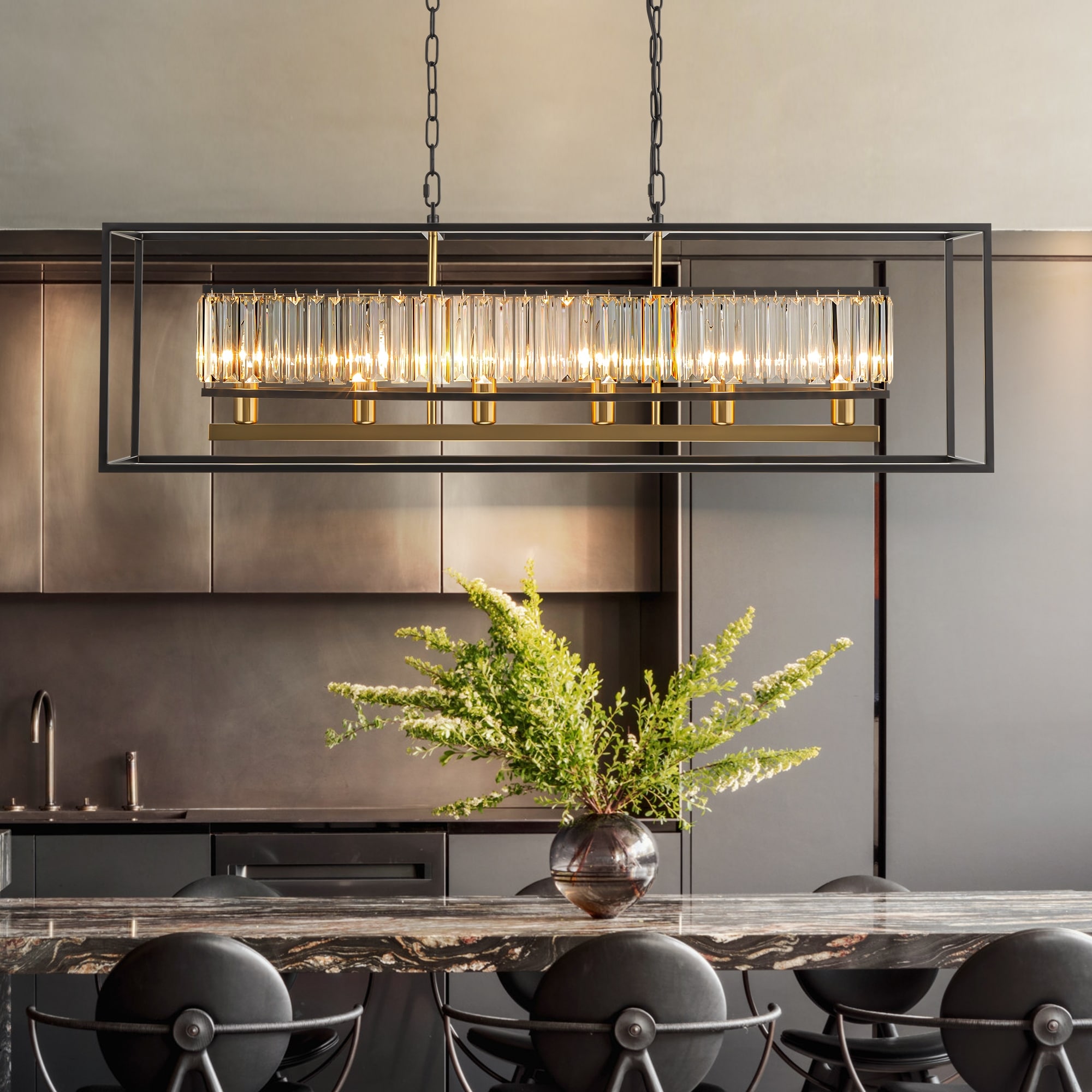 Rennnsan 6-Light Modern Black & Gold Rectangular Crystal Large Chandelier for Dining Room Table
