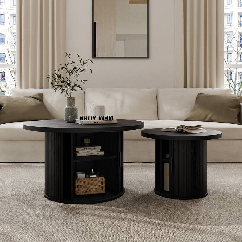 Mid Century Modern Round Coffee Table with Storage, Tambour Door Design Table for Living Room