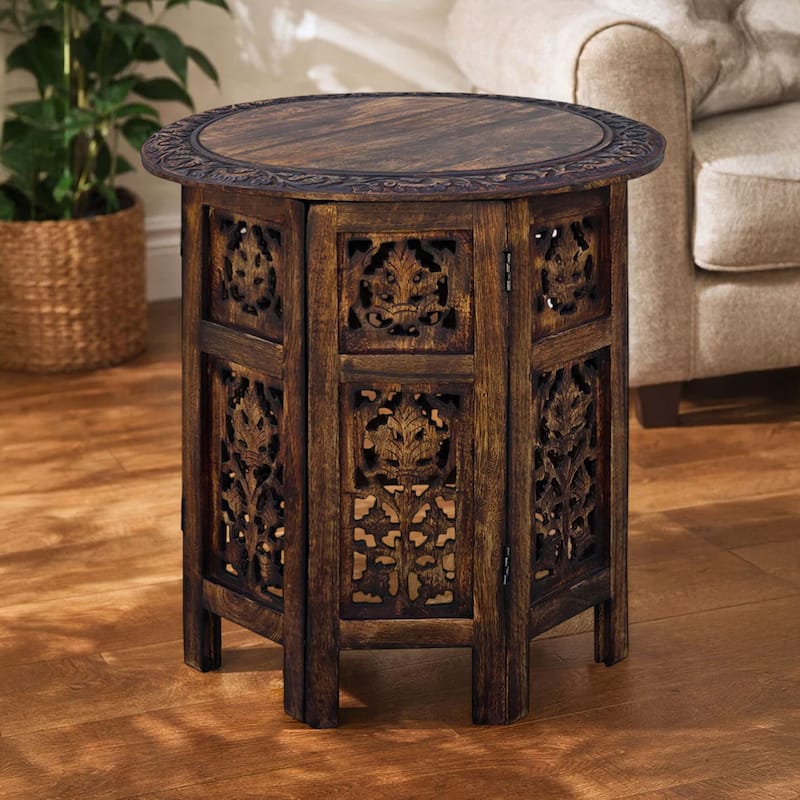 18 Inch Mango Wood Folding Accent Table, Hand Carved, Walnut Brown