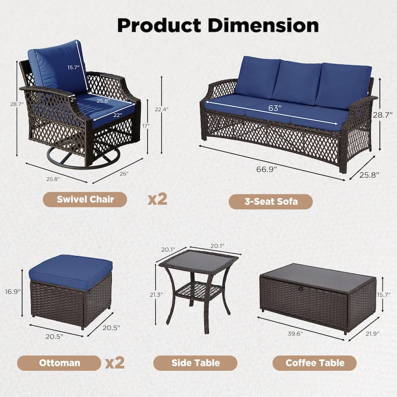 Outdoor Wicker Patio Set w Swivel Chairs & Sofa, Ottomans and Tables, Modular 3/5/6/7-Piece, All-Weather Conversation Set.