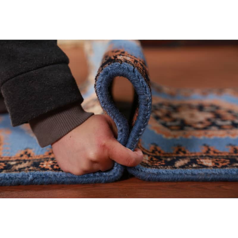 Hand Knotted Oriental 100% Wool Carpet Traditional Geometric Navy Blue & Blues Viss Runner Rug - 9' 8'' X 2' 6''